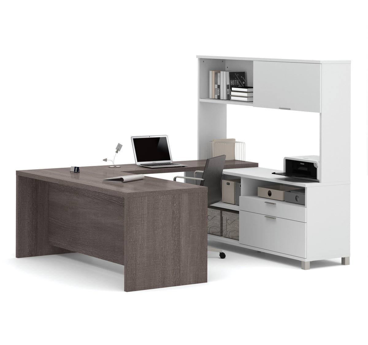 Premium Modern U-shaped Desk With Hutch In White & Bark Gray 