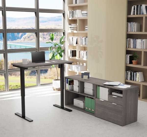 Adjustable Bark Grey Office Desk with Credenza – ComputerDesk.com